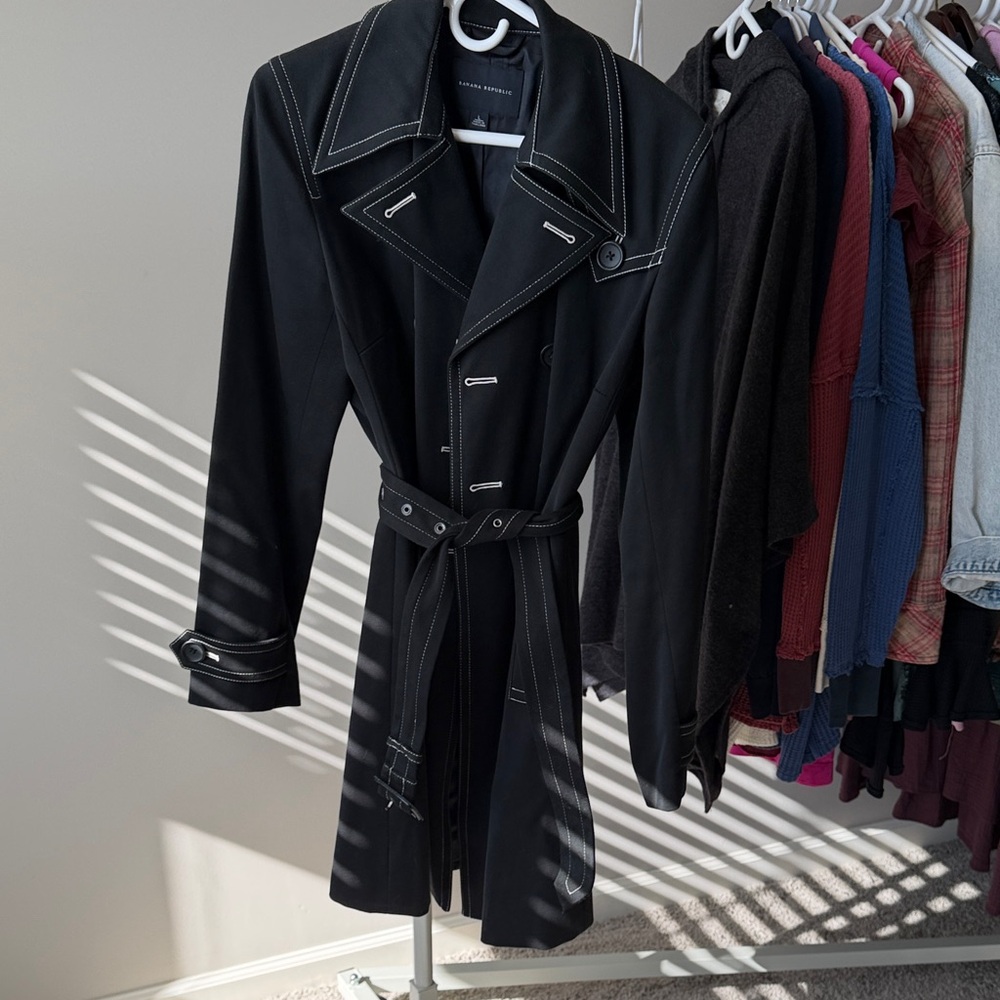 Banana Republic Black Trench Coat with Contrast Stitching